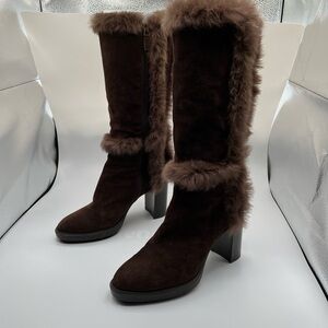 Aquatalia Imelda tall brown suede boots with real fur and heel - Size 10